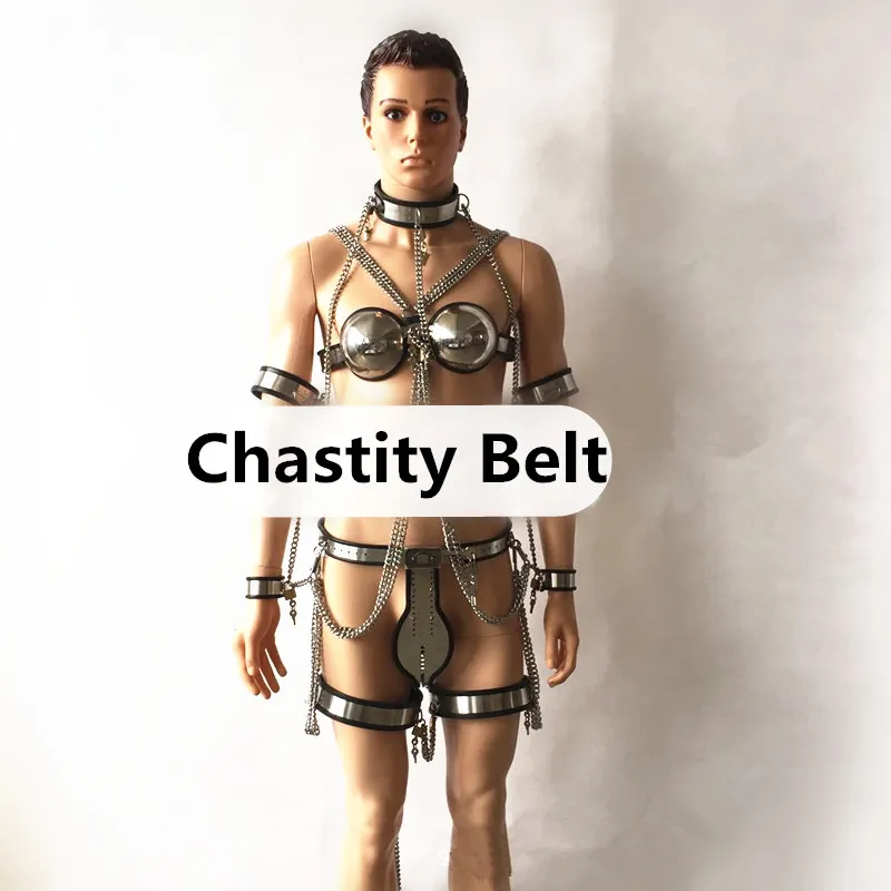 5 / 8In1 Rostfritt stål Male Chastity Enheter Chastity Belt + Collar + Bra + Handcuff + Arm Ring + Lår Ringar med kedja Sexig Bondage Kit G7-4-43