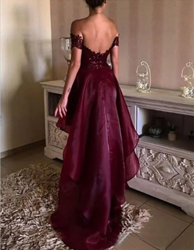 Sexy 2017 Burgundy Lace And Organza High Low Prom Dresses Cheap Off The Shoulder Backless Formal Party Gowns Custom Made China EN2131