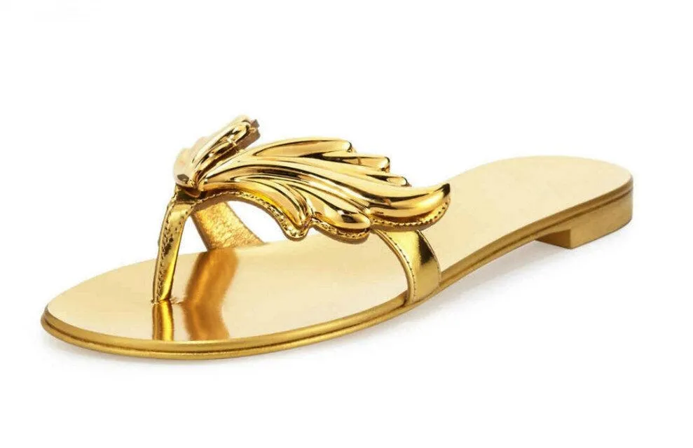 Cruel Summer Designer Flip Flops Silver Gold Sandals Femmes Chaussures plates Feuilles décontractées Femmes ailées Slippers Slip on Zapatos Mujer7819483