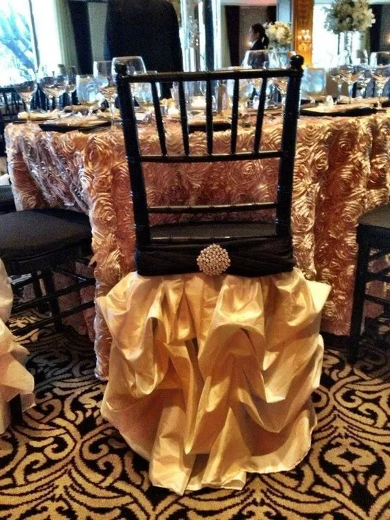 2016 Gold Taffeta Pearls Draped Chair Sashes Romantic Beautiful Chair Covers Cheap Custom Made Wedding Supplies