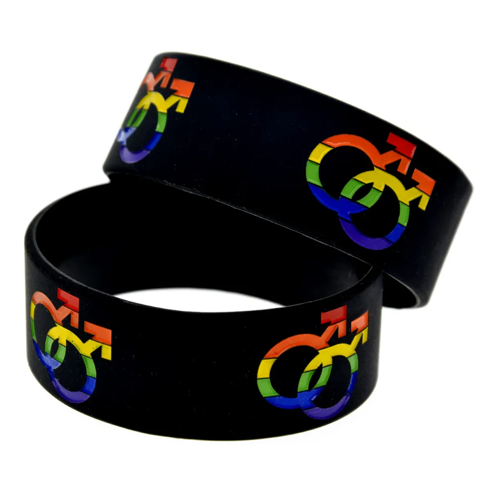 50 Stück Pride-Armbänder aus Silikonkautschuk mit geprägtem Jungen-Geschlechtslogo, 2,5 cm breit, schwarz, als Werbegeschenk