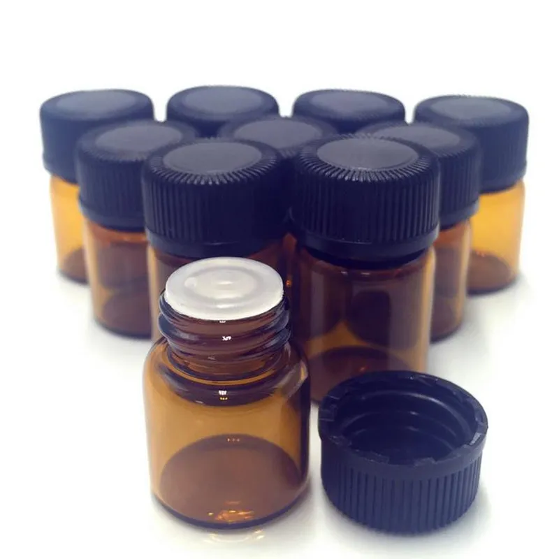 1ml (1/4 dram) Amber Glass Essential Oil Bottle perfume sample tubes Bottle with Plug and caps fast shipping