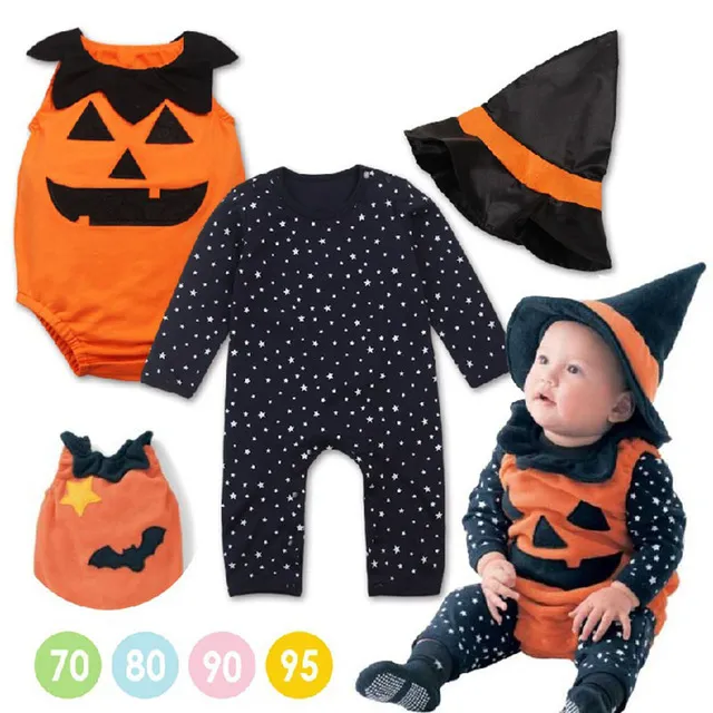 Set di vestiti per bambini di Halloween Pagliaccetti per bambini + Gilet di zucca + Cappello 3PCS Set neonato Tuta per bambini per bambini Abiti per bebè Vestiti per ragazzi