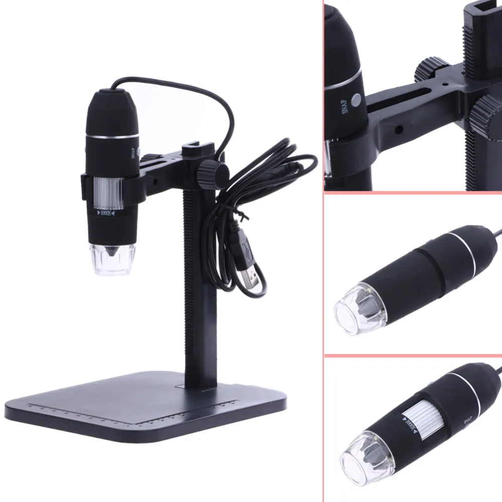 Livraison gratuite Microscope numérique USB portable 1000X 8 LED 2MP Caméra de loupe d'endoscope de microscope numérique + Support de levage + Règle d'étalonnage