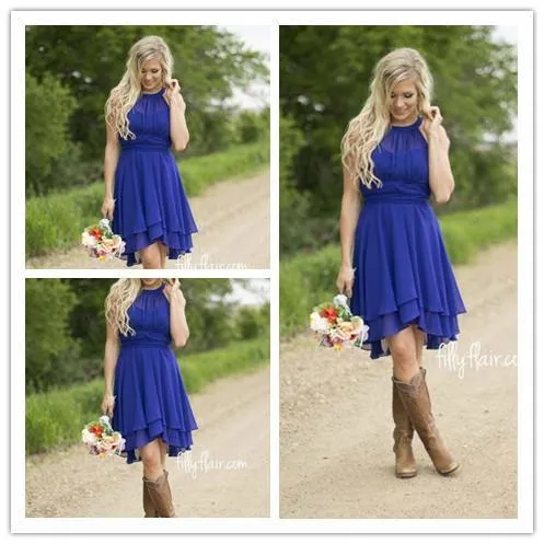 Royal Blue Country Bridesmaid Dresses Short 2017 Modest Jewel Neck Billiga Western Beach Wedding Guest Wear Plus Size Knee Length Formella klänningar