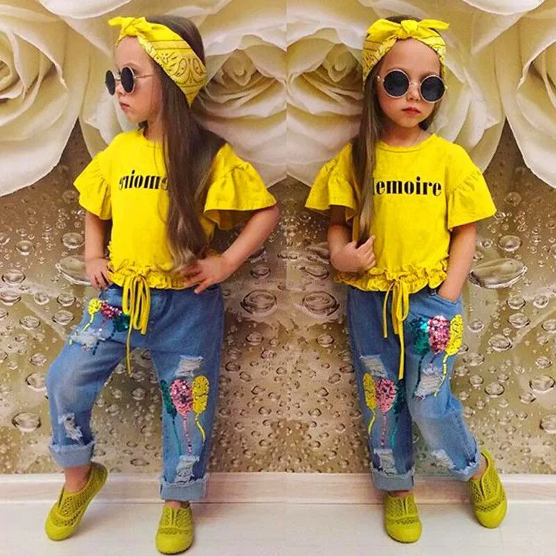 Baby Girls Clothes Summer Fall Passar Gul Brev Kortärmad T-shirt + Jeans + Headband 3pcs / Set Sequins Balloons Byxor Barnkläder Set