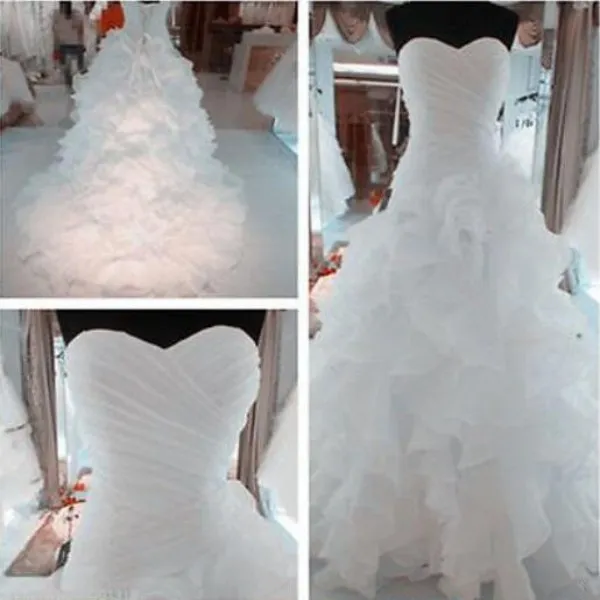 Immagine reale Abiti da sposa Top con balze di alta qualità Collo a cuore Senza maniche Gonna con volant Corsetto con lacci Indietro Abiti da sposa in organza Personalizzato