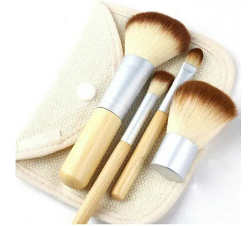 Partihandel-4PCS Naturliga bambuhandtag Makeupborstar Set Kosmetik Verktyg Kit Blush Borstar med linne Väska Gratis frakt
