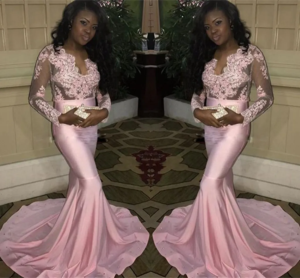 Attractive Plunging Sexy Evening Long Illusion Sleeves Prom Gowns Back Zipper Mermaid Style Custom Made Formal Party Dresses African