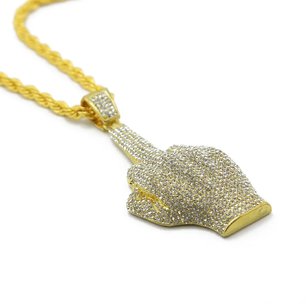 Iced Out Oro Argento Hip Hop Bling Eretto Dito Medio Ciondolo Collana Uomo Regalo