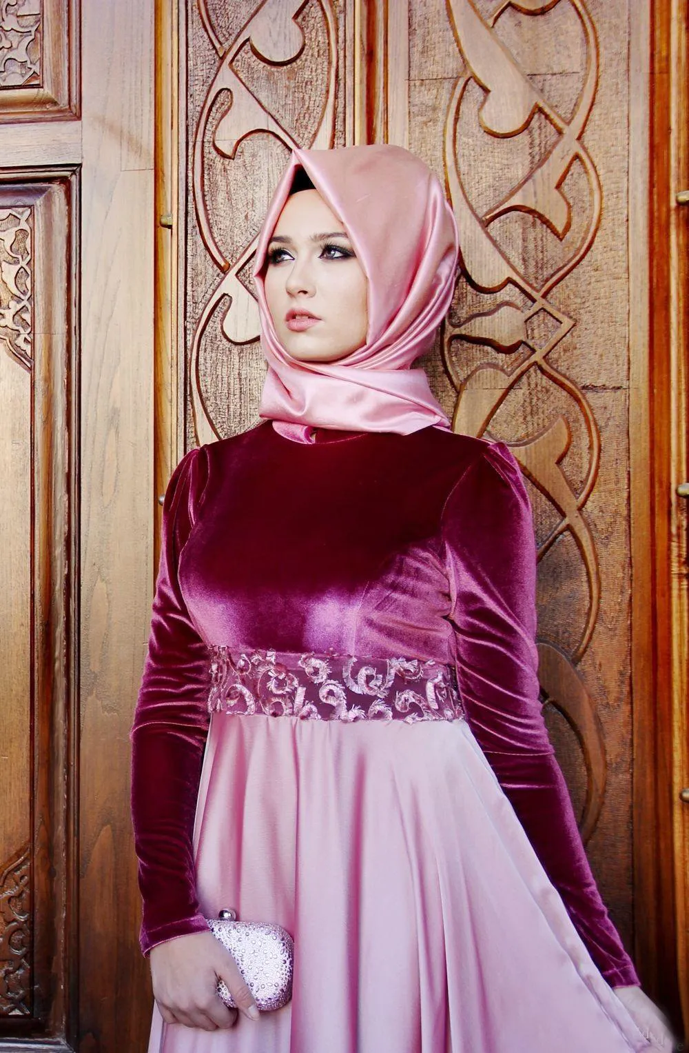 Muslim 2017 Fuchsia Velvet Long Sleeve Evening Dresses Long Cheap Chiffon Embroidery Formal Gowns Custom Made China EN110914