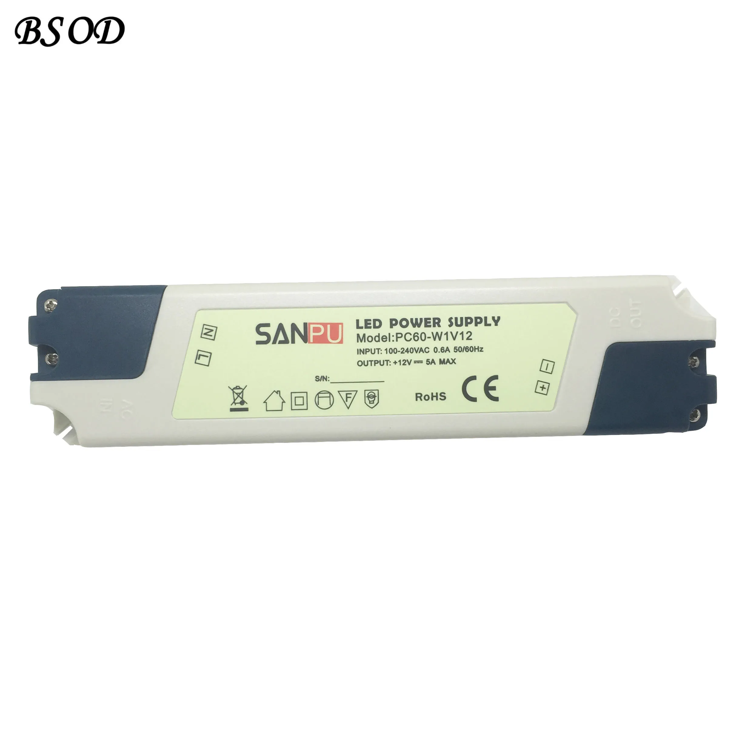 SANPU PC60-W1V12 LED Power Supply 12V 60W Transformador Max 5A driver Branco plástico resistente IP44 para LEDs Indoor Lamps