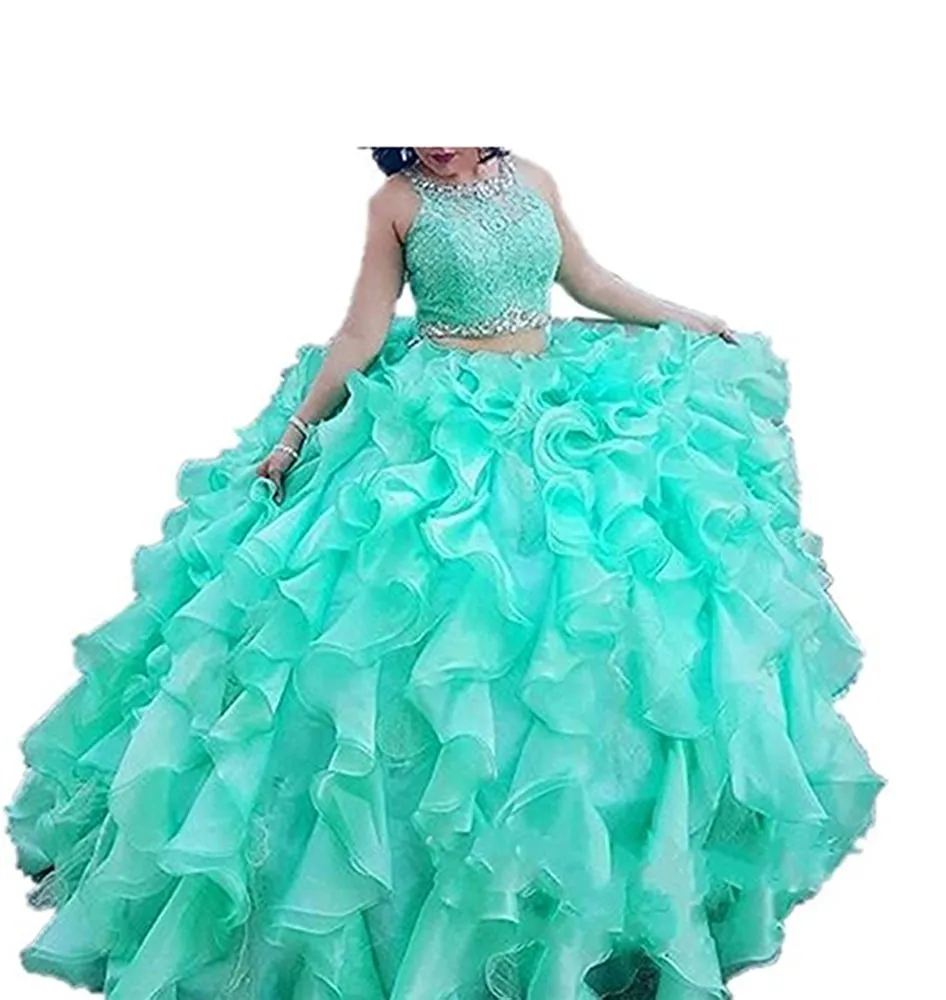2017 Real Po Ruffles Long Ball Gown 2つのピースQuinceanera Dresses with Organza Beaded Plus Prom Prom Pageant Debutante Party G8666059