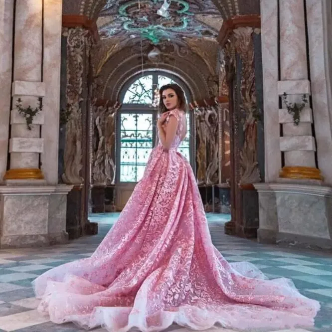 Robe de soirée sirène rose de luxe avec surjupes train dentelle appliques manches courtes robe de tapis rouge robes étonnantes tenue de soirée formelle sexy