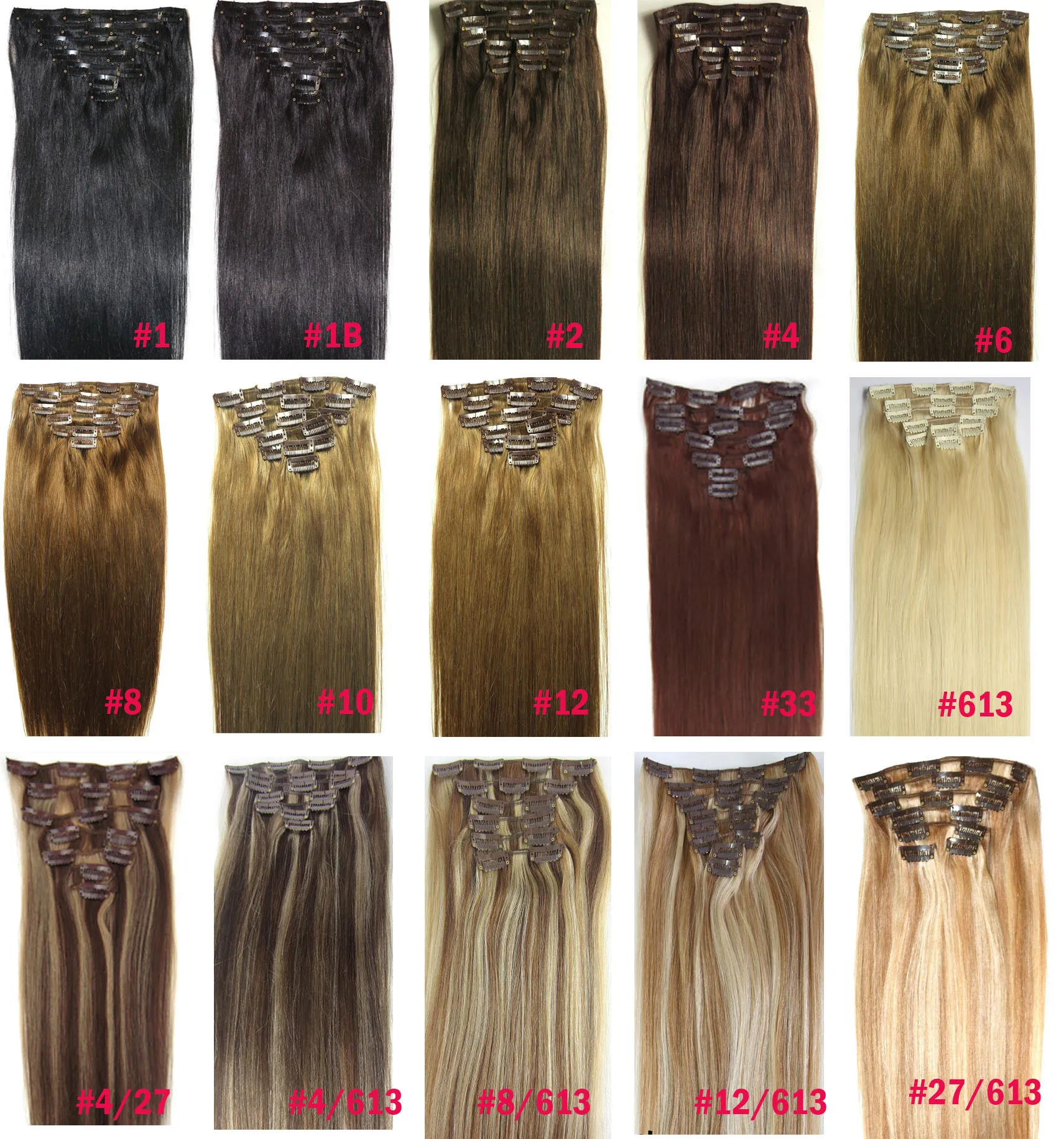 ZZHAIR 16 "-32" 8pcs 세트 클립 in/on 100% 브라질 레미 인간의 머리카락 확장 전체 머리 100g 120g 140g 자연 스트레이트