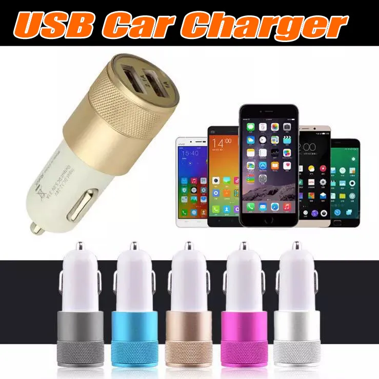 Metal Dual USB Port Car Adapter Charger Universal Aluminium 2-port Car Chargers USB for Apple iPhone iPad iPod Samsung Galaxy Droid Nokia