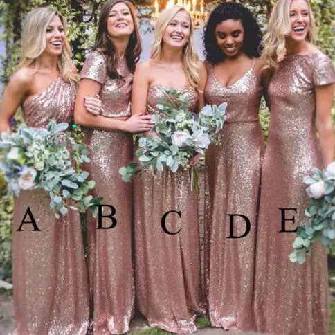 Bling Bling Sparkly Bridesmaid Dresses Rose Guld Sequins Nya Billiga Mermaid Två Pieces Prom Lugnar Backless Country Beach Party Dresses