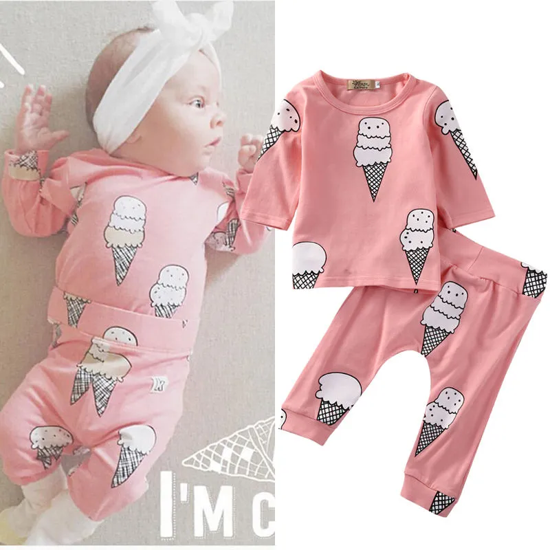 Nouveau-né bébé filles vêtements infantile enfants vêtements ensemble crème glacée à manches longues-chemise hauts + pantalons longs 2 pièces tenue ensemble de vêtements bébé filles 0-24 M