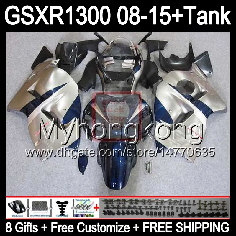 8 cadeaux pour SUZUKI Hayabusa GSXR1300 08 15 GSXR-1300 14MY151 argent brillant GSXR 1300 GSX R1300 08 09 10 11 12 13 14 15 Kit de carénage argent bleu