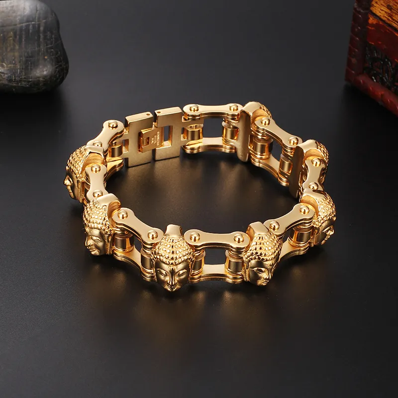 Cool bijoux lourd 155g or acier inoxydable motard moto chaîne hommes cadeaux tête de bouddha Bracelet 8.8 ''20mm