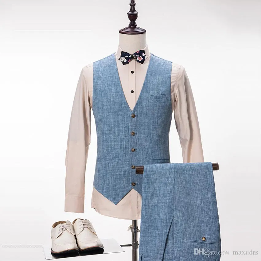 Light Blue Style Brand Fashion Men's Suits Jacket Pants Vest Male Groom Wedding Prom Tuxedo Business Formal Clothing Custom Made