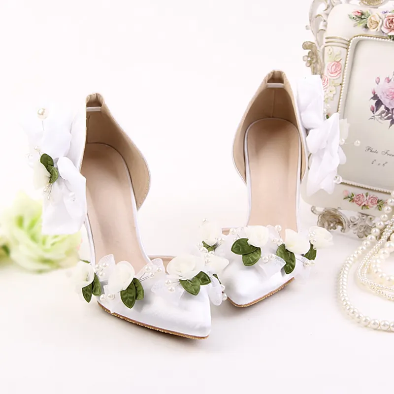 White Satin Wedding Shoes Pointed Toe Flower Bridal Dress Shoes Women Summer Sandals Bridesmaid Shoes Party Prom Pumps