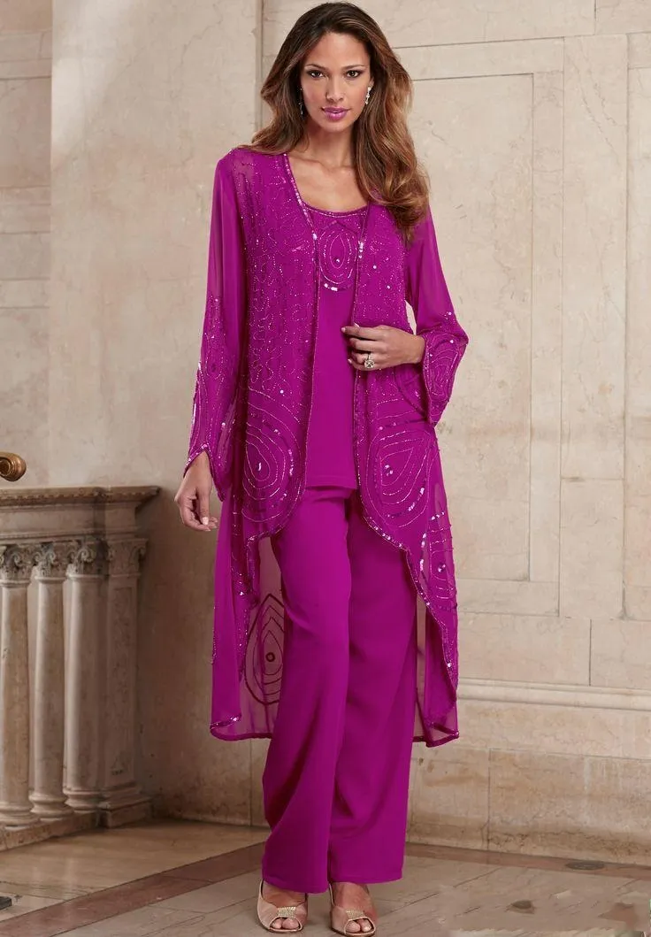 Fuchsia moeder van bruid broek pakken drie stukken chiffon formele moeders jassen met lange jas kralen bruiloft jurk plus size