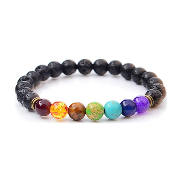 Natural Black Lava Pedra Pulseira Strands Para As Mulheres Homens 7 Cakra Cura Ametista Gemstone Frisada Pulseiras Yoga Energia Bangles Jóias