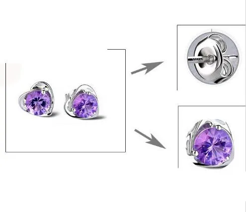 2017 Vente Chaude S925 argent sterling violet blanc cristal boucles d'oreilles femme belle oreille bijoux véritables boucles d'oreilles en forme de coeur