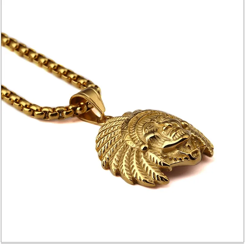 Collier pendentif tête de chef indien américain en acier inoxydable plaqué or, bijoux gothiques Hip Hop pour hommes et femmes, 267a