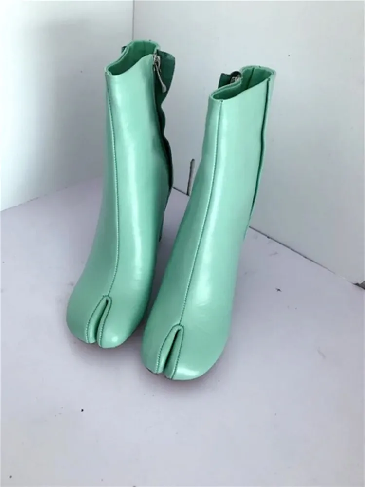 2018 echtes Leder Silber Weinrot Kurze Stiefel High Heels Split Zehen auseinander Runway Stil Stiefeletten für Frauen Zapatos Mujer