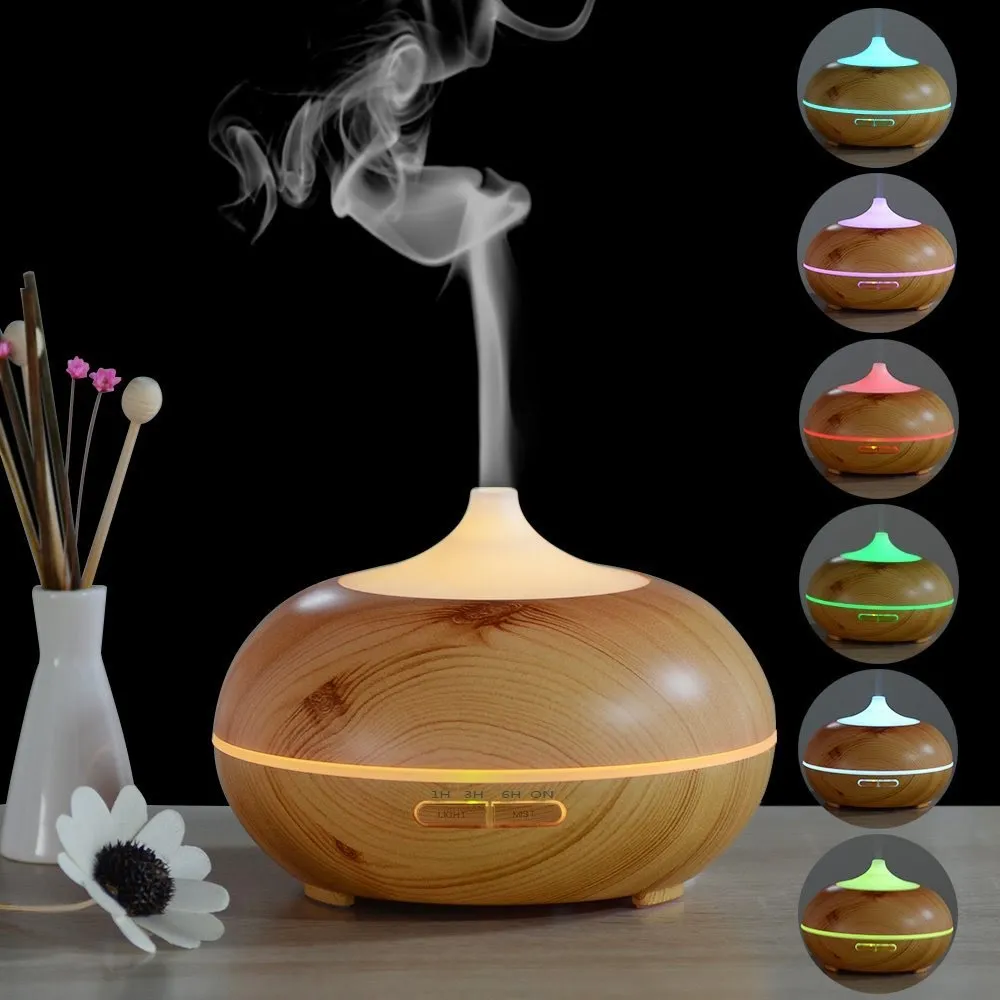 Difusor de aceite esencial del aroma de madera caliente de 300 ml con adaptador de CA Humidificador de multicolor de la niebla LED para el estudio de la sala de la oficina de la oficina SPA de yoga