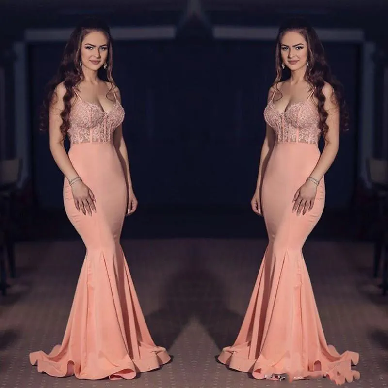 Sexy Coral Sirène Robes De Bal Pas Cher Satin De Pêche Bretelles Spaghetti Chérie Appliques Formelle Robes De Soirée 2017 Sheer Taille Robe De Bal