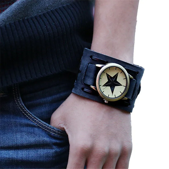 Uomo cool orologio 2016 nuovo stile retrò punk rock marrone grande cinturino in pelle braccialetto polsino orologio maschile orologio relógios masculino