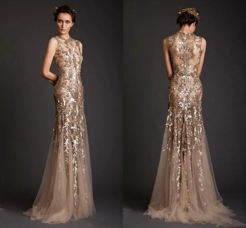 Krikor Jabotian Evening Dresses 2017 Gold Mermaid Shape Tulle Sheer See Through Appliques Prom Dress Emboridery Long Formal Dubai Gowns