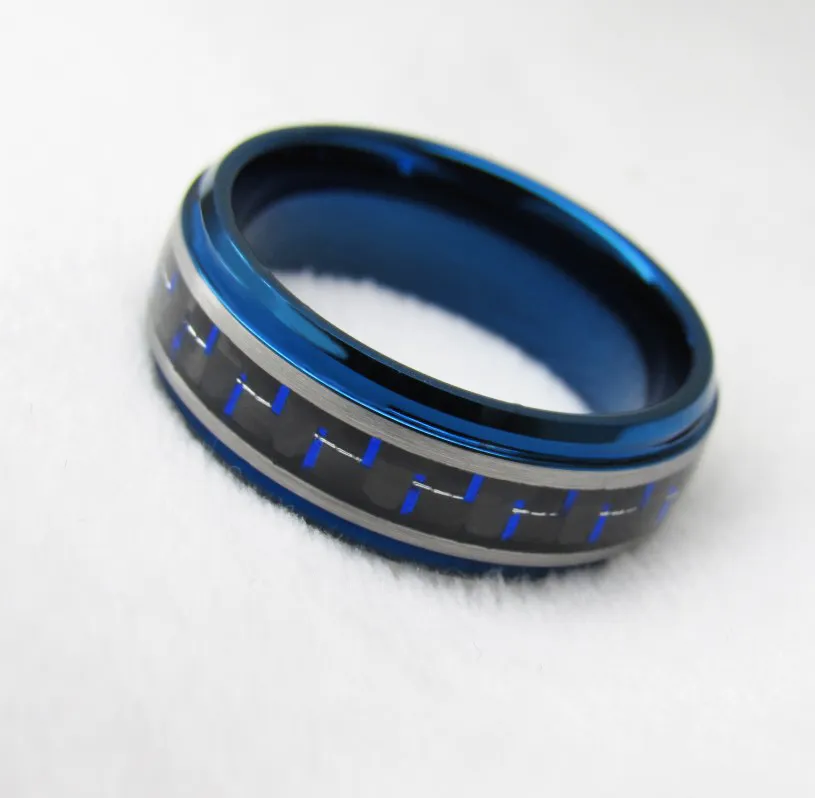 Anillo de tungsteno azul con incrustaciones de fibra de carbono azul y negro de 8 mm cepillado para hombre Anillo de dedo de moda WRY-1316