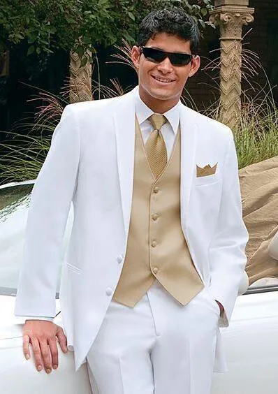 White Wedding Suits for Men Gold Vest Groom Tuxedos Custom Made Groomsmen Best Man Mens Wedding Tuxedos Dinner Suits (Jacket+Pants+Vest)