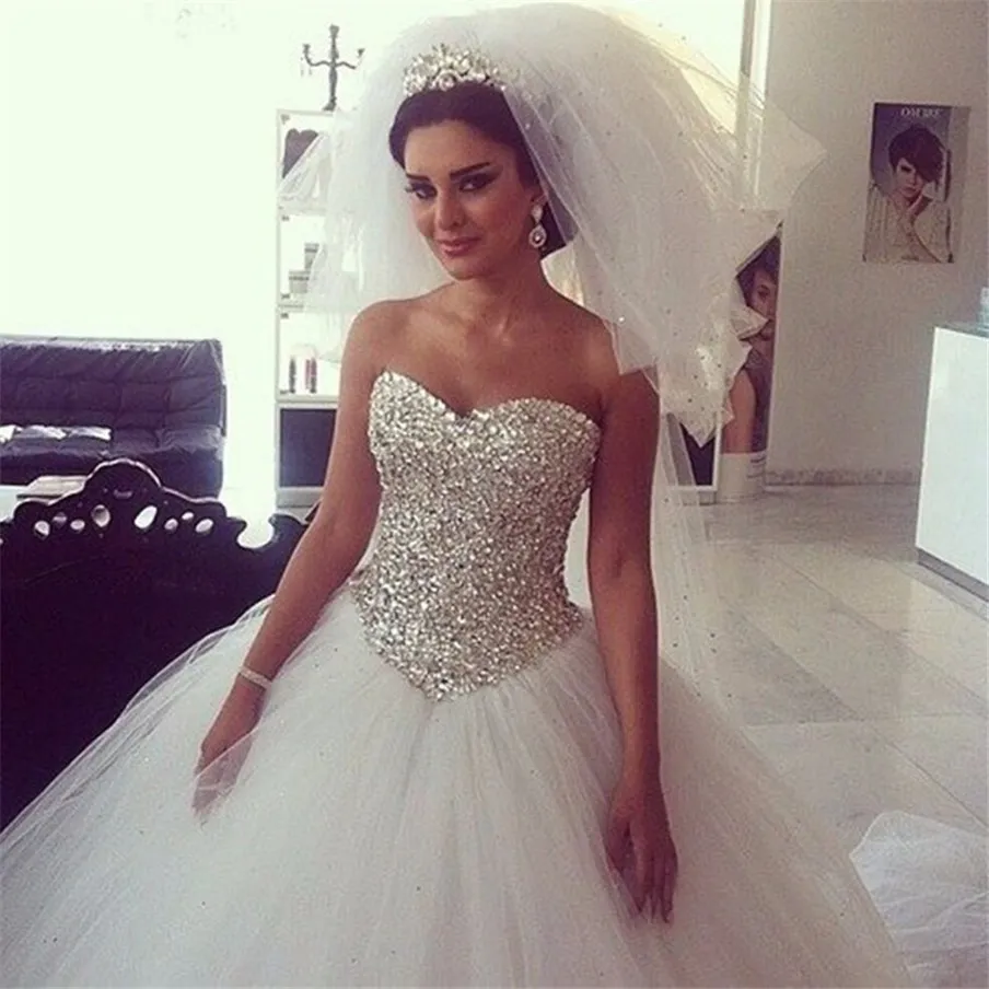 Nouveau Bling Bling argent perles haut robe de mariée 2021 chérie cou robe de bal Tulle robes de mariée robe de soirée