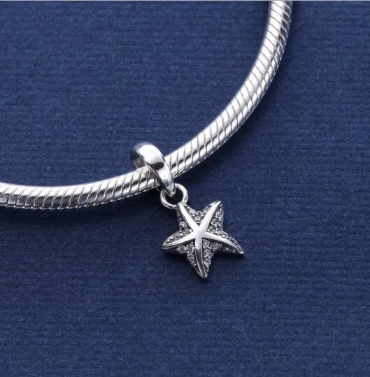 925 Sterling Silver Pendant Charm Tropical Starfish Clear Cz Floating Charms Fits European Style Jewelry Necklace Bracelet Only Pendant