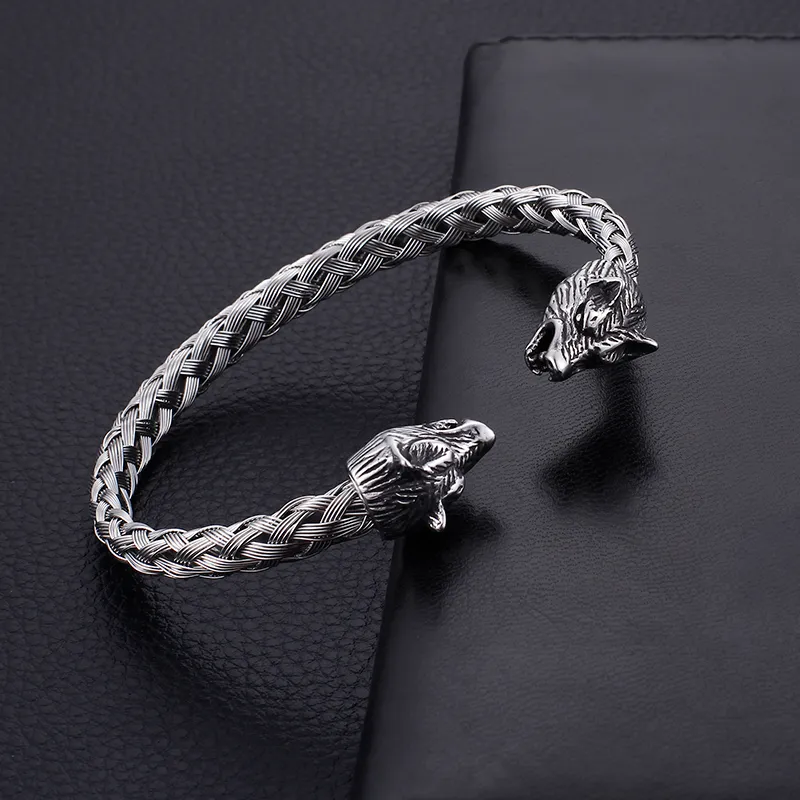 Silver Stainless Steel Cuff bangle Biker wolf head End Open Bracelet knot Wire chain