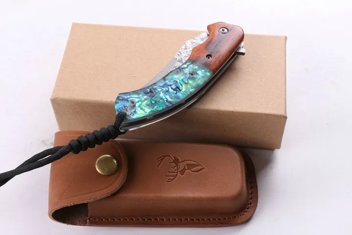 Top Quality VG10 Damascus Flipper Folding Knife 58HRC Acid branch wood + abalone shell Handle EDC Pocket Knifes Gift Knives Xmas Gift