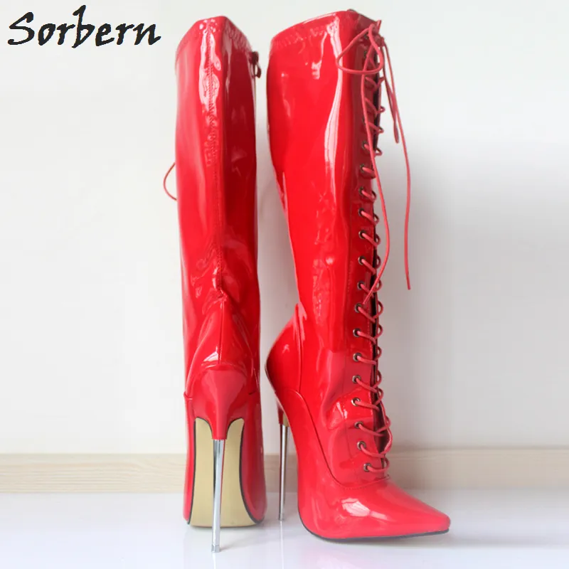 Sorbern 18Cm High Heel Boots Women Lace-up Exotic Fetish Sexy Metal Thin Heel Stretch Lace Up Single Soles Knee-High Boots Plus Size