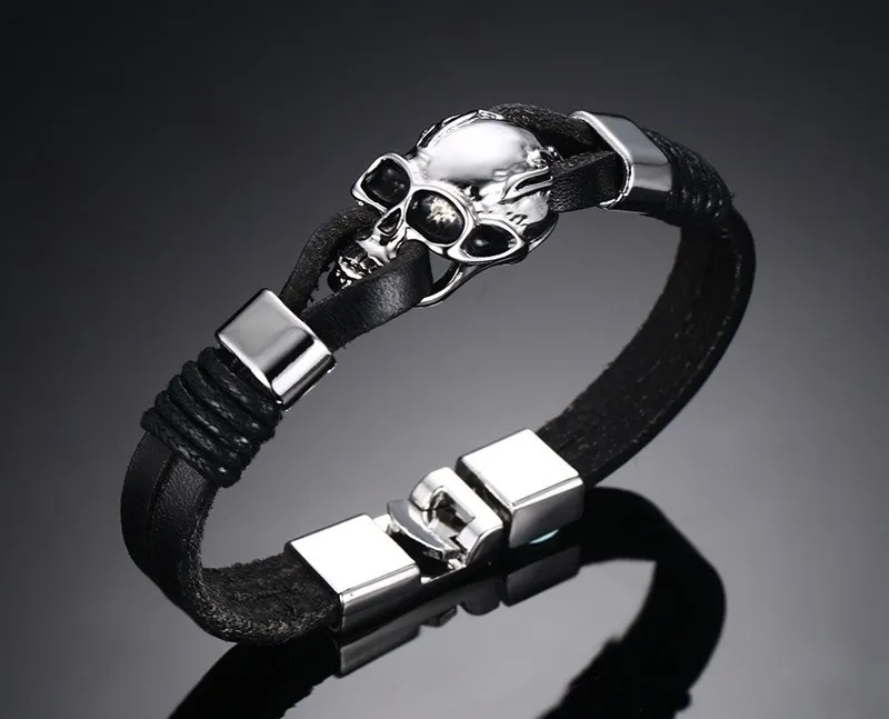 Braccialetti da uomo in pelle resistente nera punk rock Bracciale con polsino con teschio gotico Scheletro in acciaio inossidabile Pulseiras Masculinas