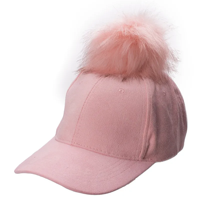 New Stylish Adjustable Womens Unisex Fur Pom Pom Suede Baseball Cap Hip Hop Girls Hat A383