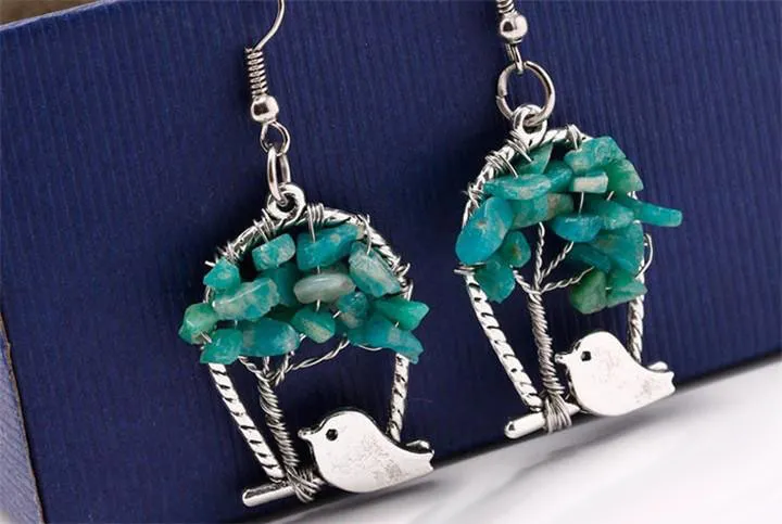 Creative Bird Tree of Life Dangling Earrings Fashion Personality Crystal Stone Earring Silver Plated Hooks Dangle Jewelry Handmade