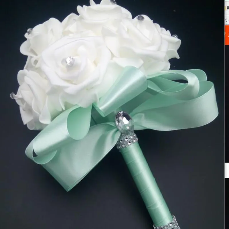 2017 Élégant Rose Fleurs De Mariée Artificielles Bouquet De Mariée Bouquet De Mariage Cristal Bleu Royal Ruban De Soie Nouveau Buque De Noivablue bo1830814