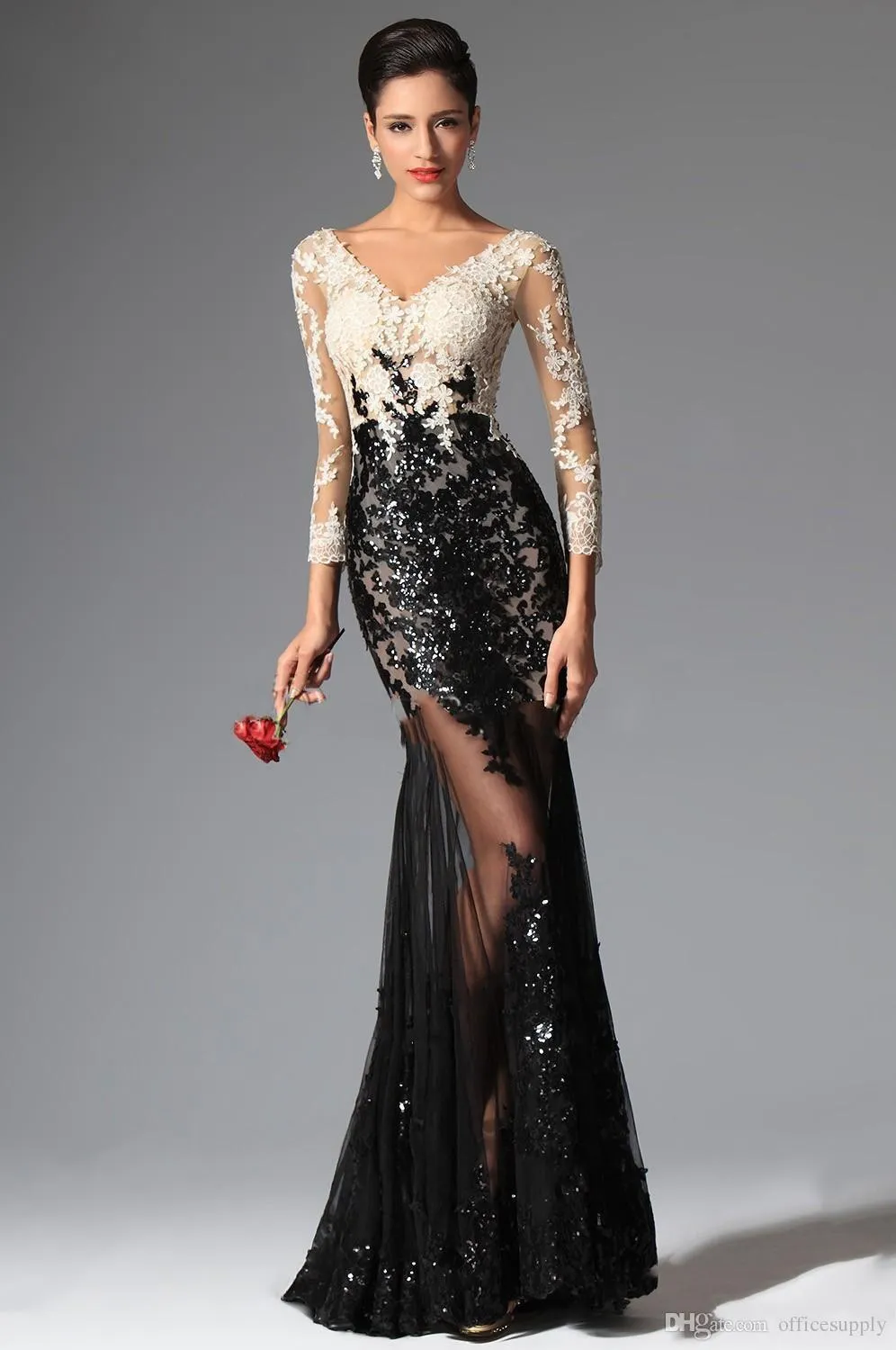 Noir Blanc Sirène Manches Longues Robes De Soirée En Dentelle 2016 Elie Saab Col En V Sheer Illusion Paillettes Celebrity Robes De Bal Evening215v