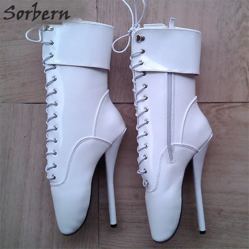 Sorbern Blue Patent Lederen Nieuwe Ballet Enkellaarzen 7 Spike Hoge Hak Zwart Glanzende Balletschoenen met Kant Fetish