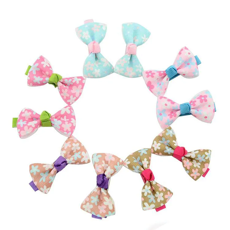 Baby Girls Bow Clips Candy Färg Solid / Polka Dot Flower Print Ribbon Bow Hairpin BB Hårklipp för Baby Girls Kids Hair Tillbehör