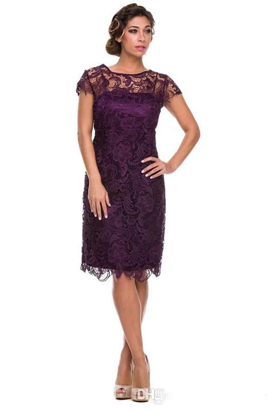 Vintage 2016 Vente Chaude Aubergine Violet Dentelle Longueur Au Genou Mère De La Robes De Mariée Pas Cher À Manches Courtes Mère Robe De Mariée Sur Mesure EN11258